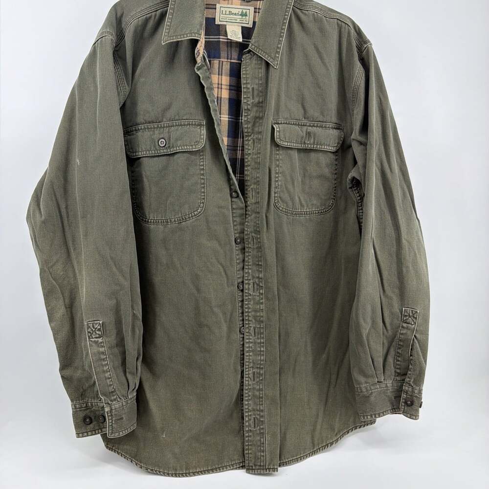 LL Bean Flannel Lined Canvas Shirt Jacket Mens Large L Olive Green Shacket Vtg